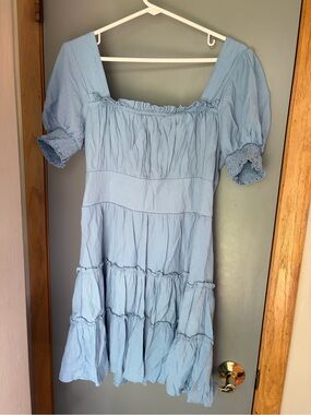 Trixxi Sky Blue Smocked Neckline Tiered Dress